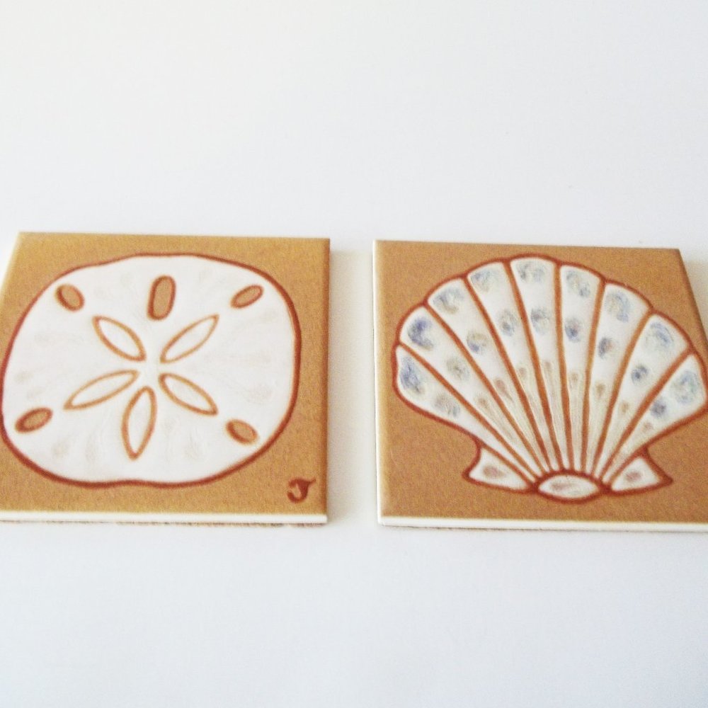 2 Vintage Pottery Tiles, Sea Shell & Sand Dollar, Jane Tallman, Tallahassee FL